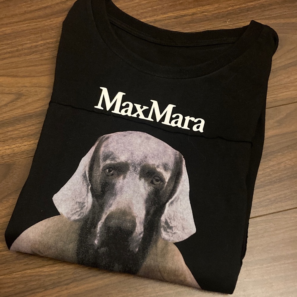 MaxMara Black Tee with Dog in Coat Print